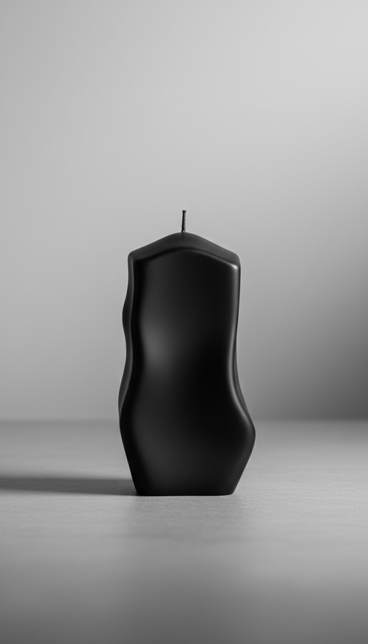 Matte black sculptural pillar candle